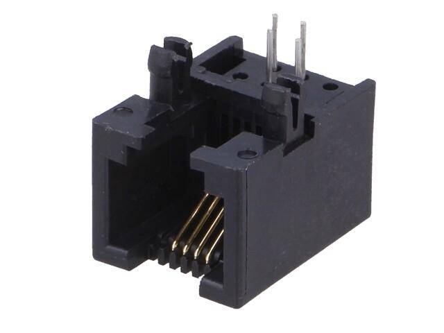 RJ11 Buchse, 4 PINs, Cat 3, ungeschirmt, vergoldet, System: 6P4C, 90°-Winkel