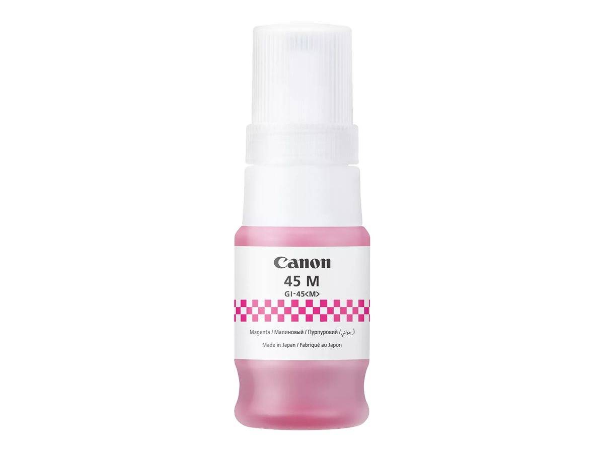 Canon 45 M Magenta-Tintenflasche mit rosa Etikett und durchsichtigem Verschluss auf weißem Hintergrund