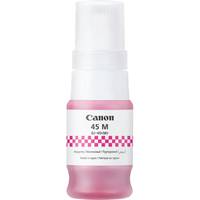Canon 45 M Tintenflaschen mit rosa Flüssigkeit und weißem Deckel, gekennzeichnet für eine Magenta-Patronennachfüllung.