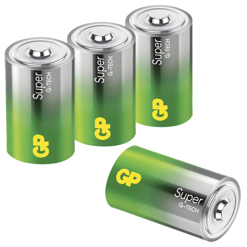 Vier GP Super G-TECH Batterien, drei aufrecht stehend und eine auf der Seite liegend, auf weißem Hintergrund gezeigt.