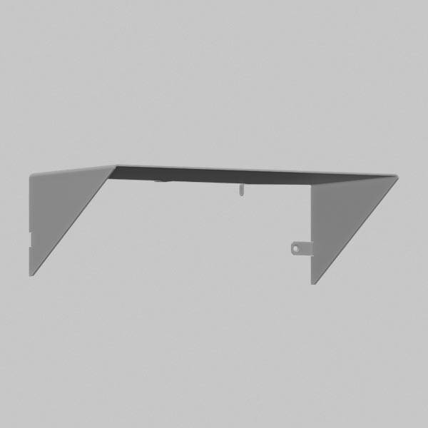 Eine minimalistische graue Metallwandhalterung mit dreieckigen Seitenstreben, konzipiert zum Tragen eines Regals oder eines ähnlichen Objekts.