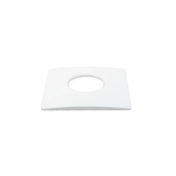 Eine weiße, quadratische Kunststoffplatte mit einem zentralen kreisrunden Loch, höchstwahrscheinlich eine Basis- oder Stützkomponente, auf einem schlichten weißen Hintergrund dargestellt.