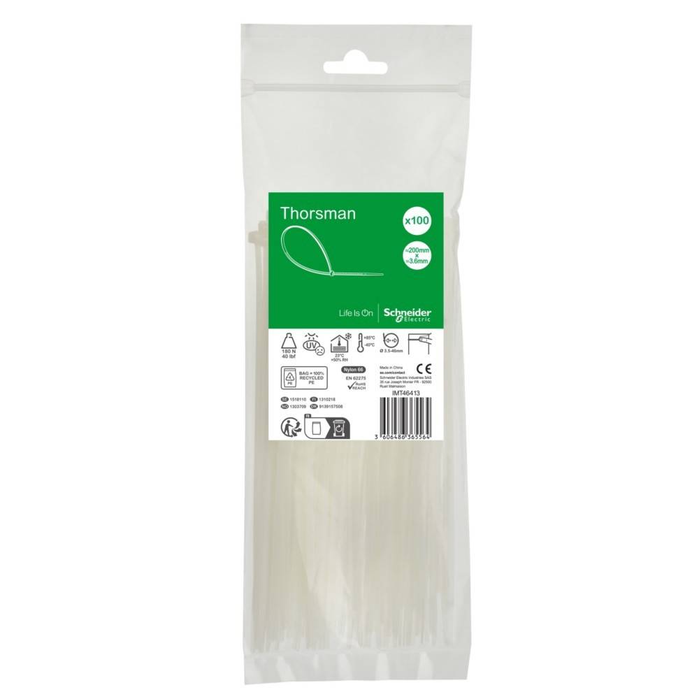 Packung mit 100 Kabelbindern von Thorsman von Schneider, 15 cm lang. Verpackung zeigt Produktsymbole und einen Strichcode.