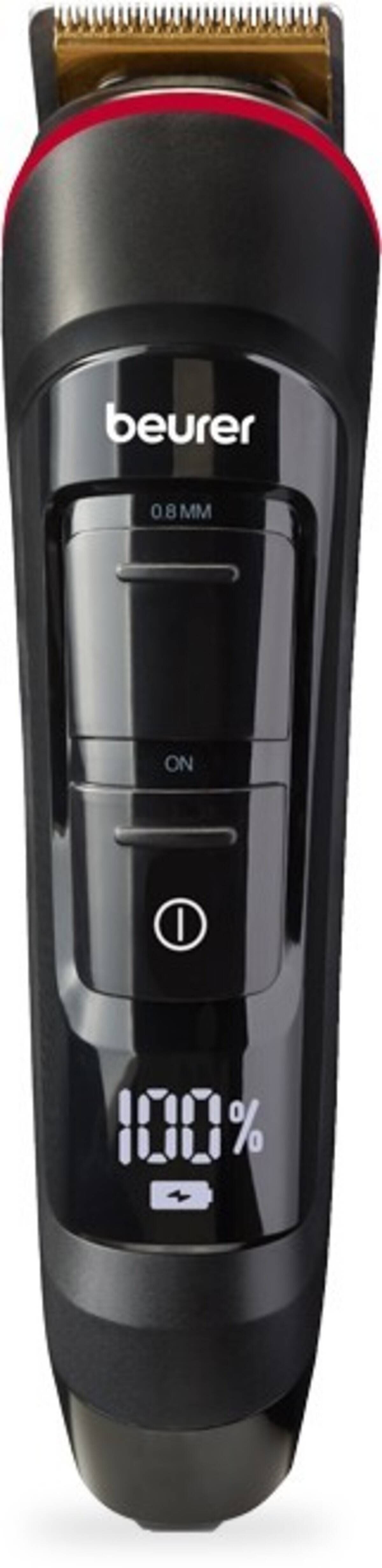 Beurer Elektrorasierer mit digitaler Batteriestatusanzeige, die 100% Ladung anzeigt.