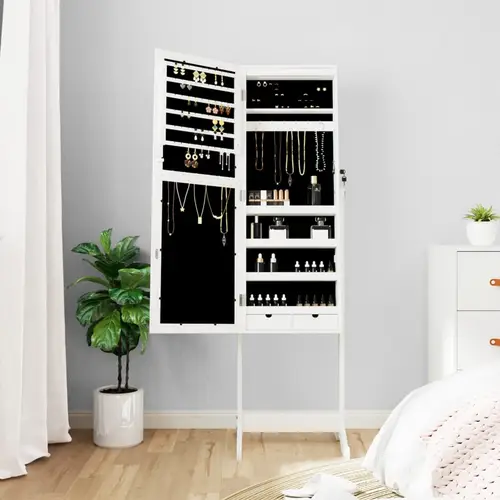 vidaXL Schmuckschrank mit Spiegel & LED-Beleuchtung Freistehend Weiß vidaXL Schmuckschrank mit Spiegel & LED-Beleuchtung Freistehend Weiß
