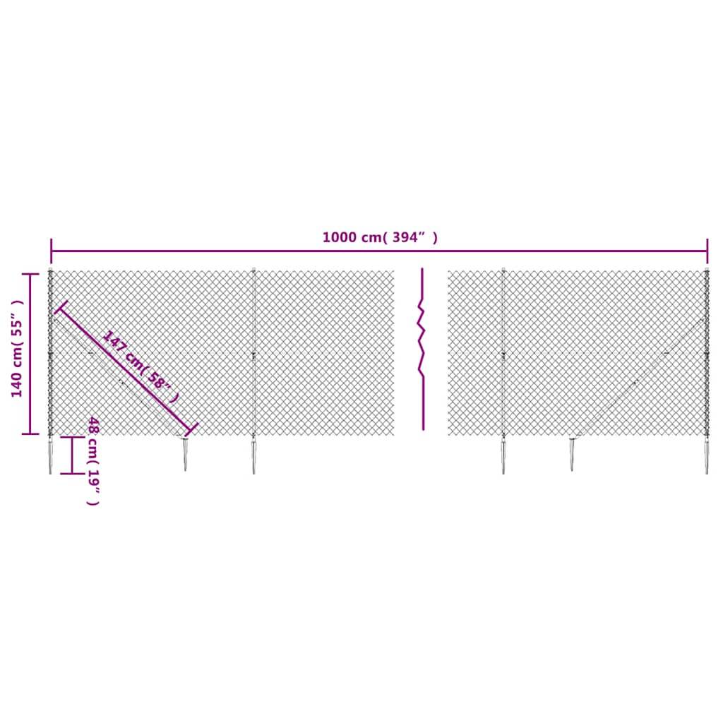 vidaXL Maschendrahtzaun mit Bodenhülsen Grün 1,4x10 m