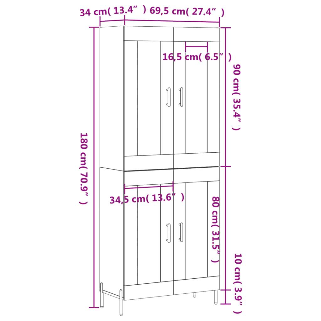 vidaXL Highboard Grau Sonoma 69,5x34x180 cm Holzwerkstoff