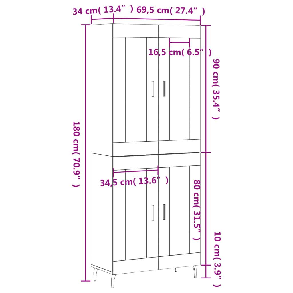 vidaXL Highboard Betongrau 69,5x34x180 cm Holzwerkstoff