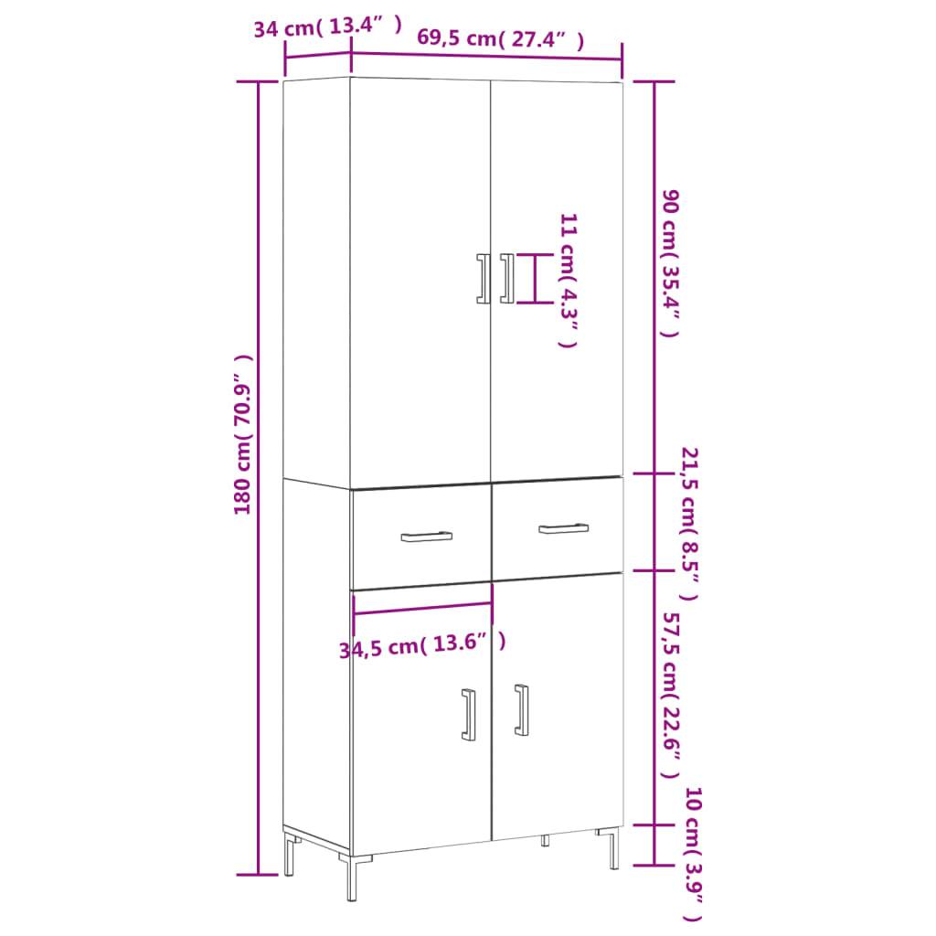 vidaXL Highboard Räuchereiche 69,5x34x180 cm Holzwerkstoff