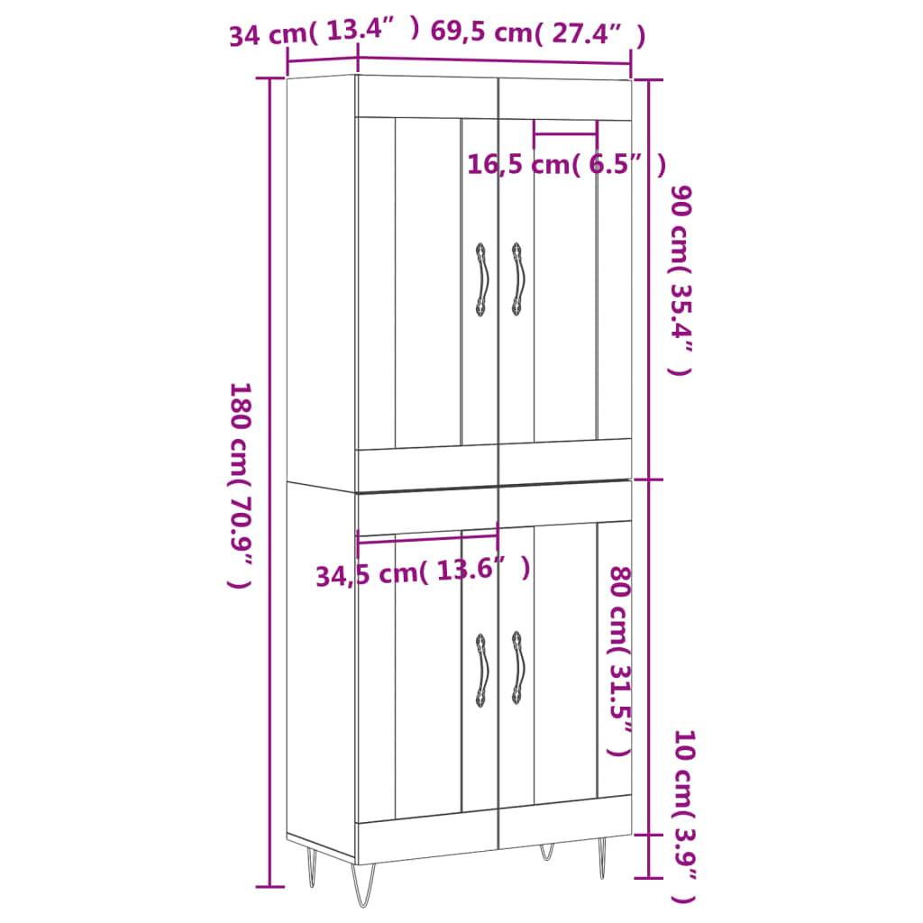 vidaXL Highboard Räuchereiche 69,5x34x180 cm Holzwerkstoff