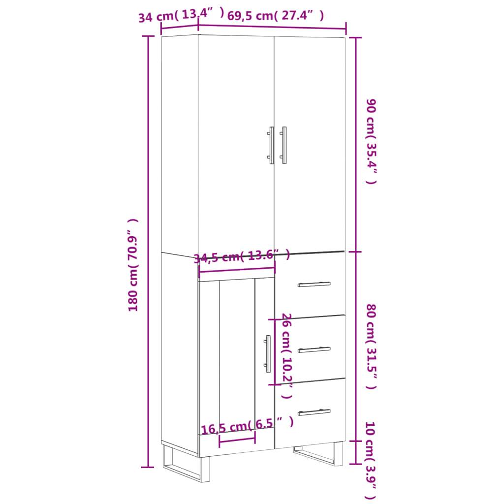 vidaXL Highboard Weiß 69,5x34x180 cm Holzwerkstoff