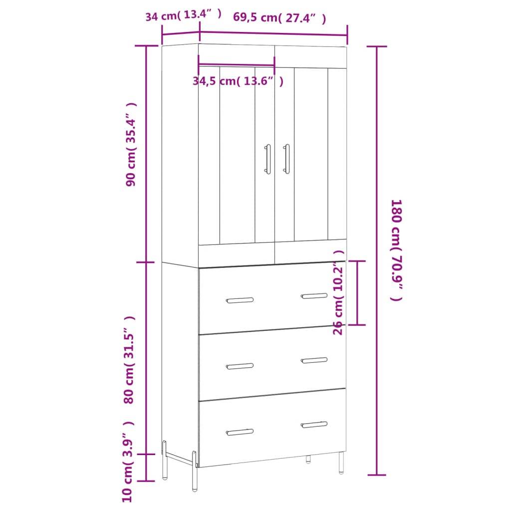 vidaXL Highboard Räuchereiche 69,5x34x180 cm Holzwerkstoff