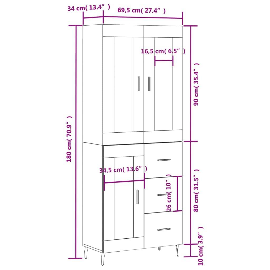vidaXL Highboard Betongrau 69,5x34x180 cm Holzwerkstoff