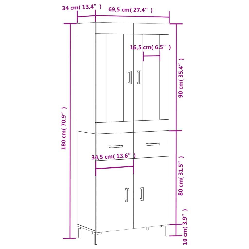 vidaXL Highboard Grau Sonoma 69,5x34x180 cm Holzwerkstoff
