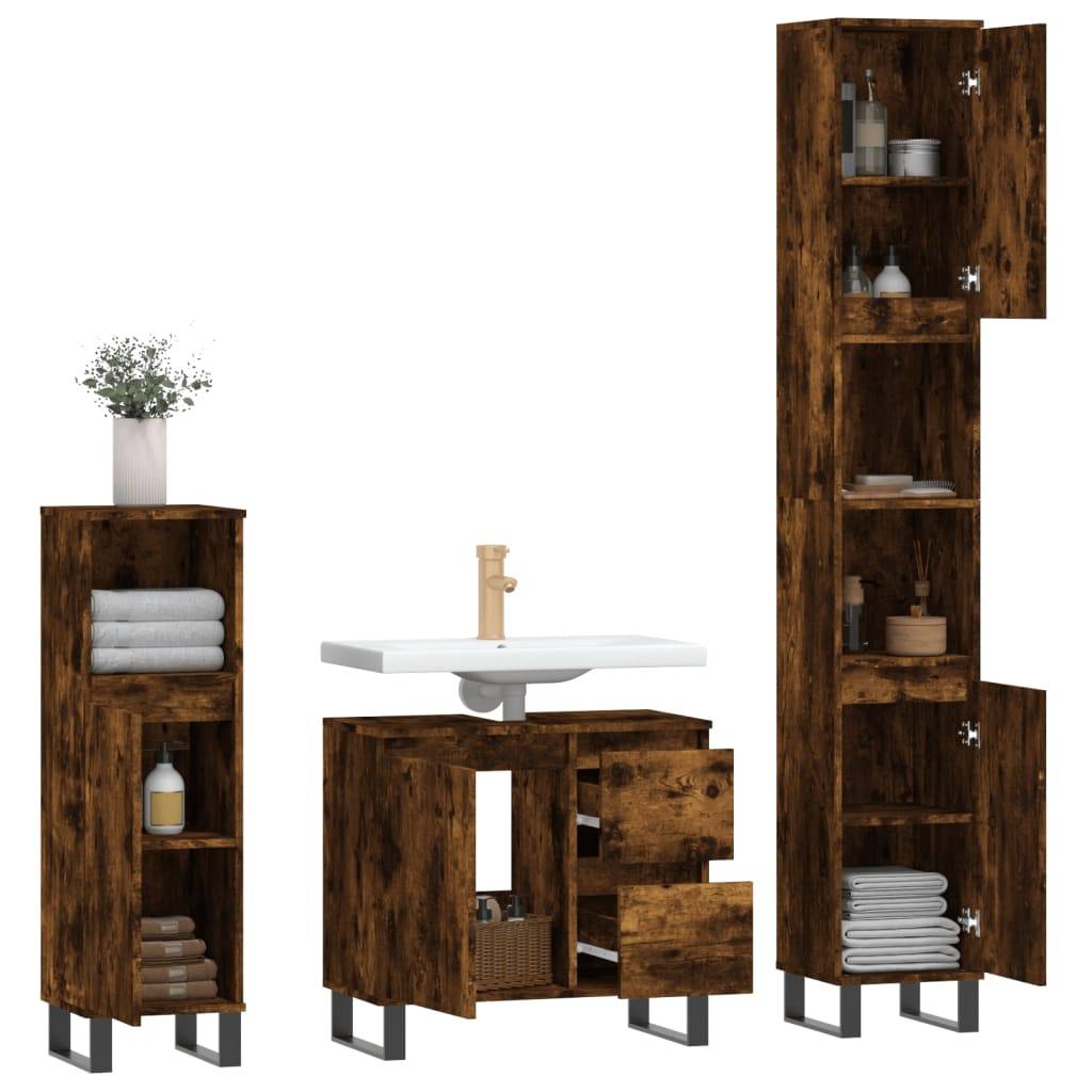 vidaXL 3-tlg. Badmöbel-Set Räuchereiche Holzwerkstoff