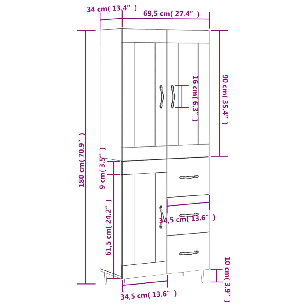 vidaXL Highboard Grau Sonoma 69,5x34x180 cm Holzwerkstoff