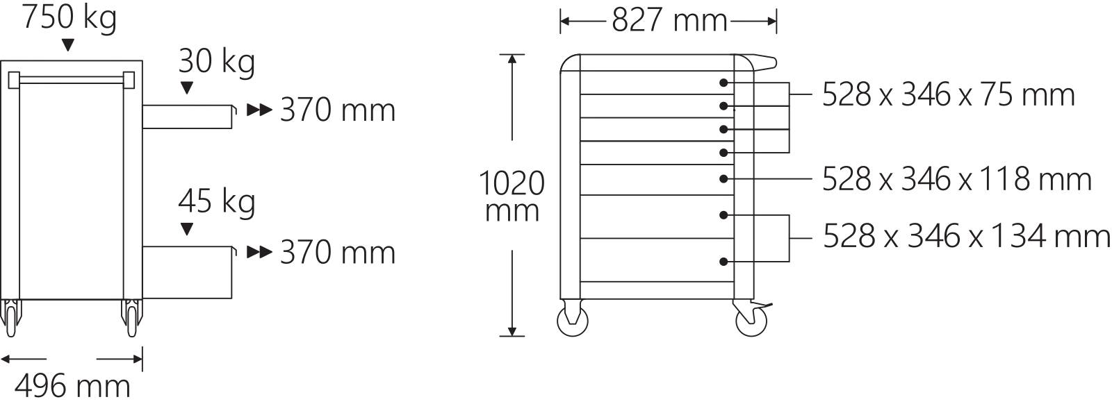 Werkstattwagen 95/7 PRO 7 Schubl. 720 x 496 x 863 mm blau, RAL 270 30 35