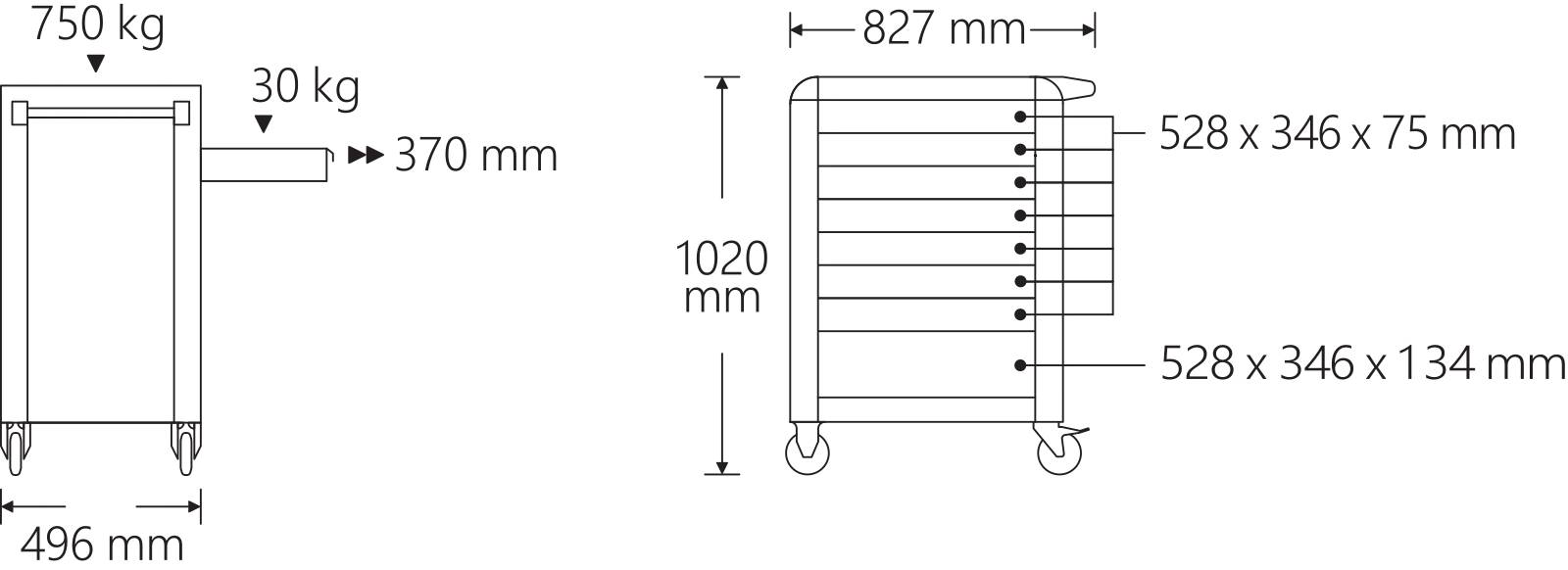 Werkstattwagen 95/8 PRO 8 Schubl. 720 x 496 x 863 mm anthrazit, RAL 7016