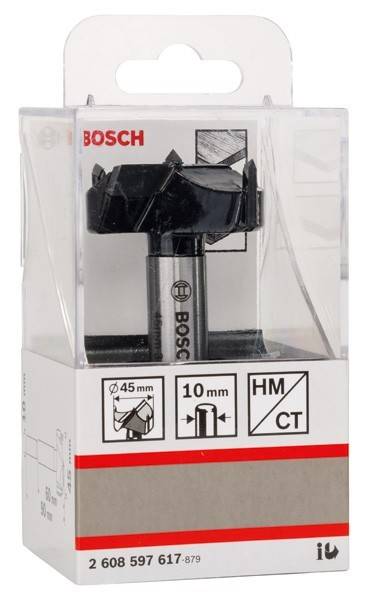 Ein Bosch Holzbohrer mit einem Durchmesser von 45 mm und einem Schaft von 10 mm, wie er in seiner Verpackung präsentiert wird.