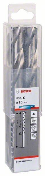 Eine Plastikverpackung, die einen Bosch HSS-G Bohrer mit der Bezeichnung '15 mm' enthält. Die Verpackung trägt das Bosch-Logo in Rot und Blau.