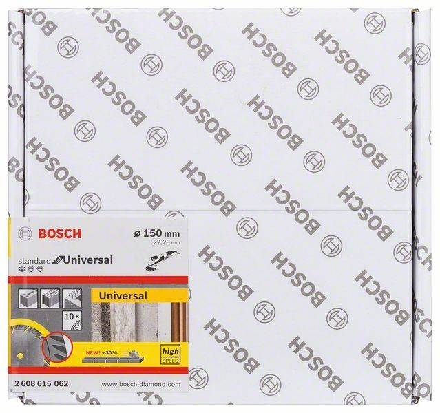 Bosch Universal Sägeblatt Verpackung 150 mm. Eigenschaften umfassen 10-fache Lebensdauer, 22,23 mm Aufnahme. Geeignet für Ziegel, Stein, Beton.