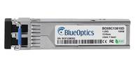 BlueOptics Glasfaser-Transceiver-Modul mit schwarzem Stecker und silbernem Metallgehäuse, gezeigt auf weißem Hintergrund.