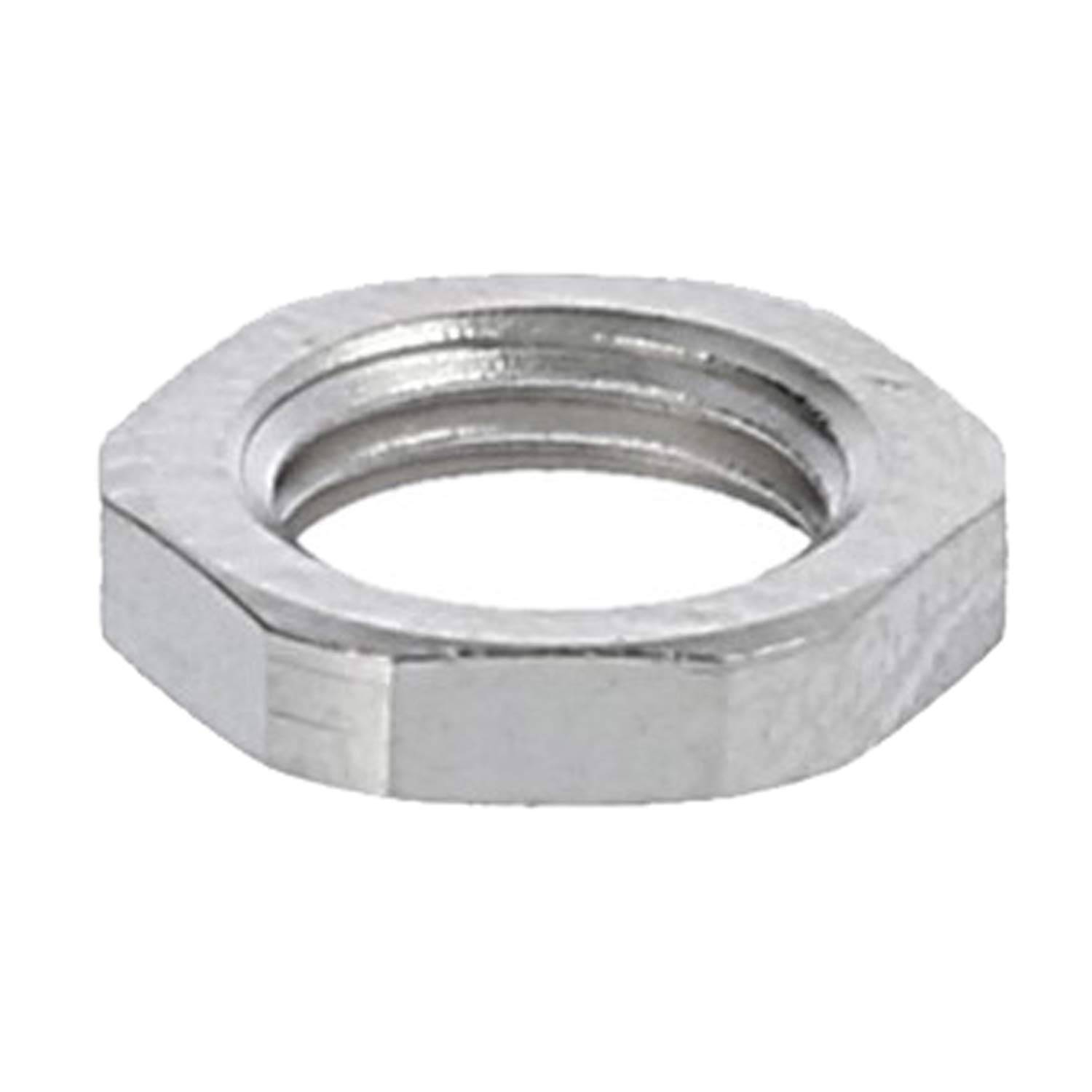 Eine sechseckige Metallflanschmutter mit einem Gewindeloch, die typischerweise zum Befestigen von Schrauben in Bau- oder Maschinenbereichen verwendet wird.