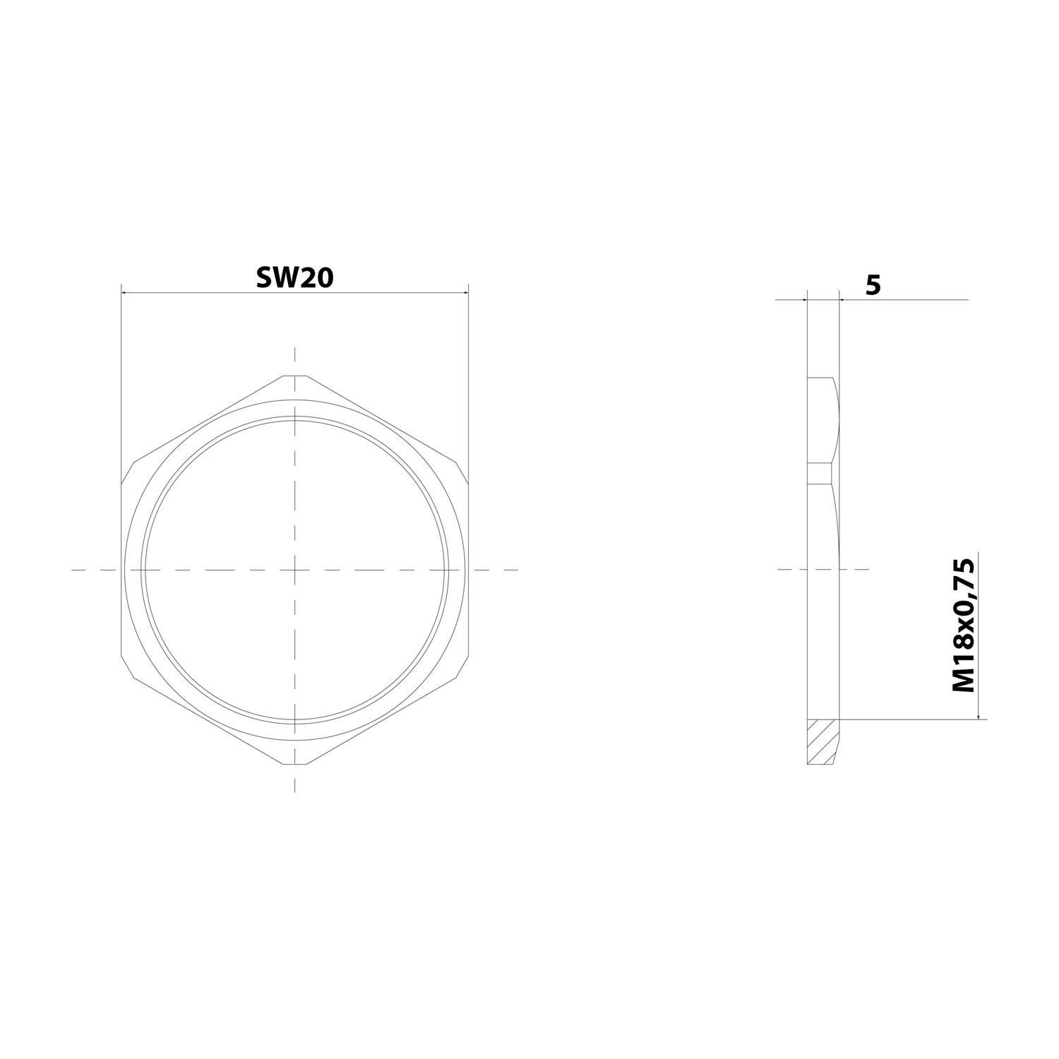 Technische Zeichnung einer Sechskantmutter mit Abmessungen. Frontansicht zeigt Breite 'SW20' und Seitenansicht gibt 'M18x0.75' Gewinde und 5mm Höhe an.