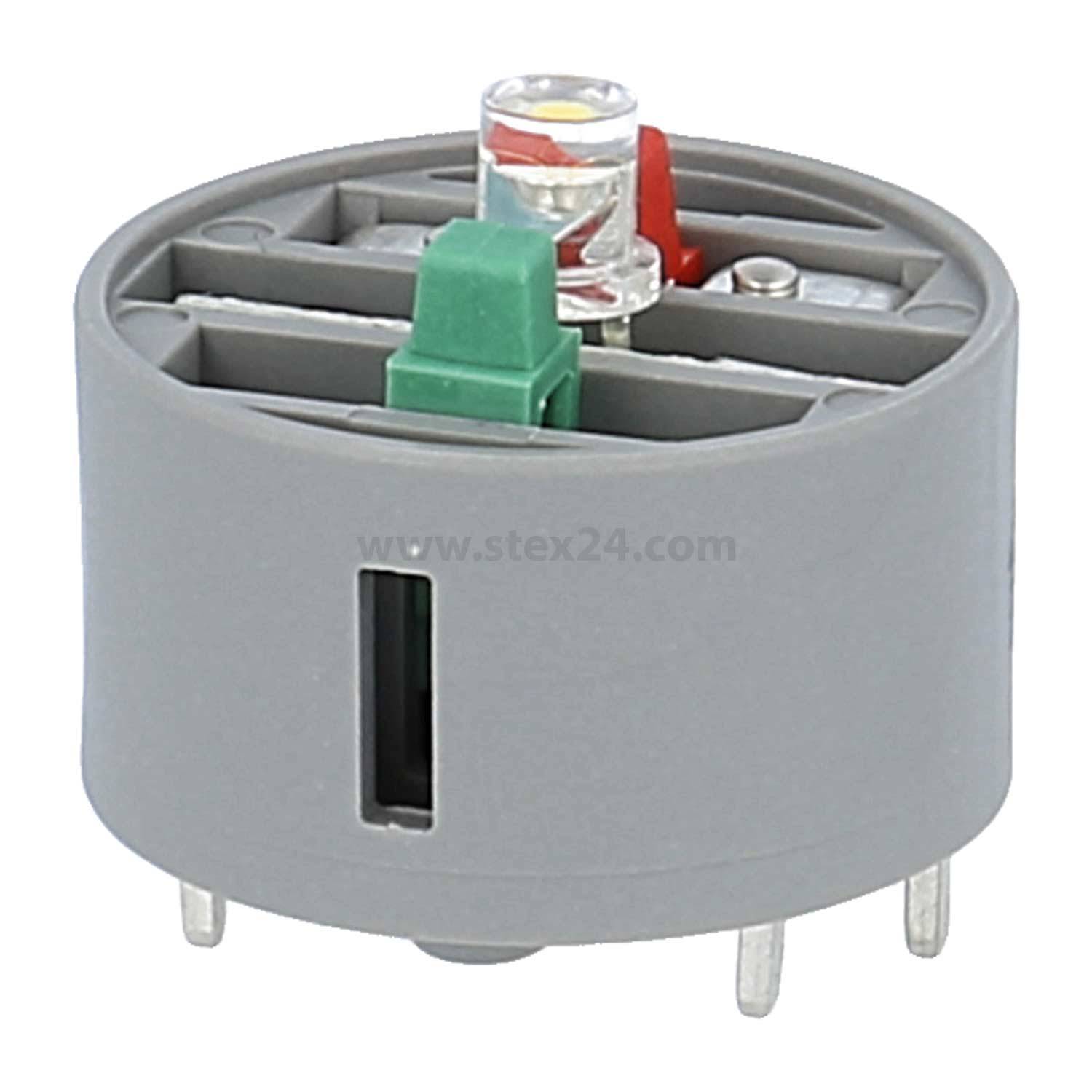 Ein kreisförmiges elektronisches Bauteil mit LED-Anzeigen in Rot und Grün ist auf einer grauen Basis mit Metallstiften für die Schaltungsverbindung montiert.