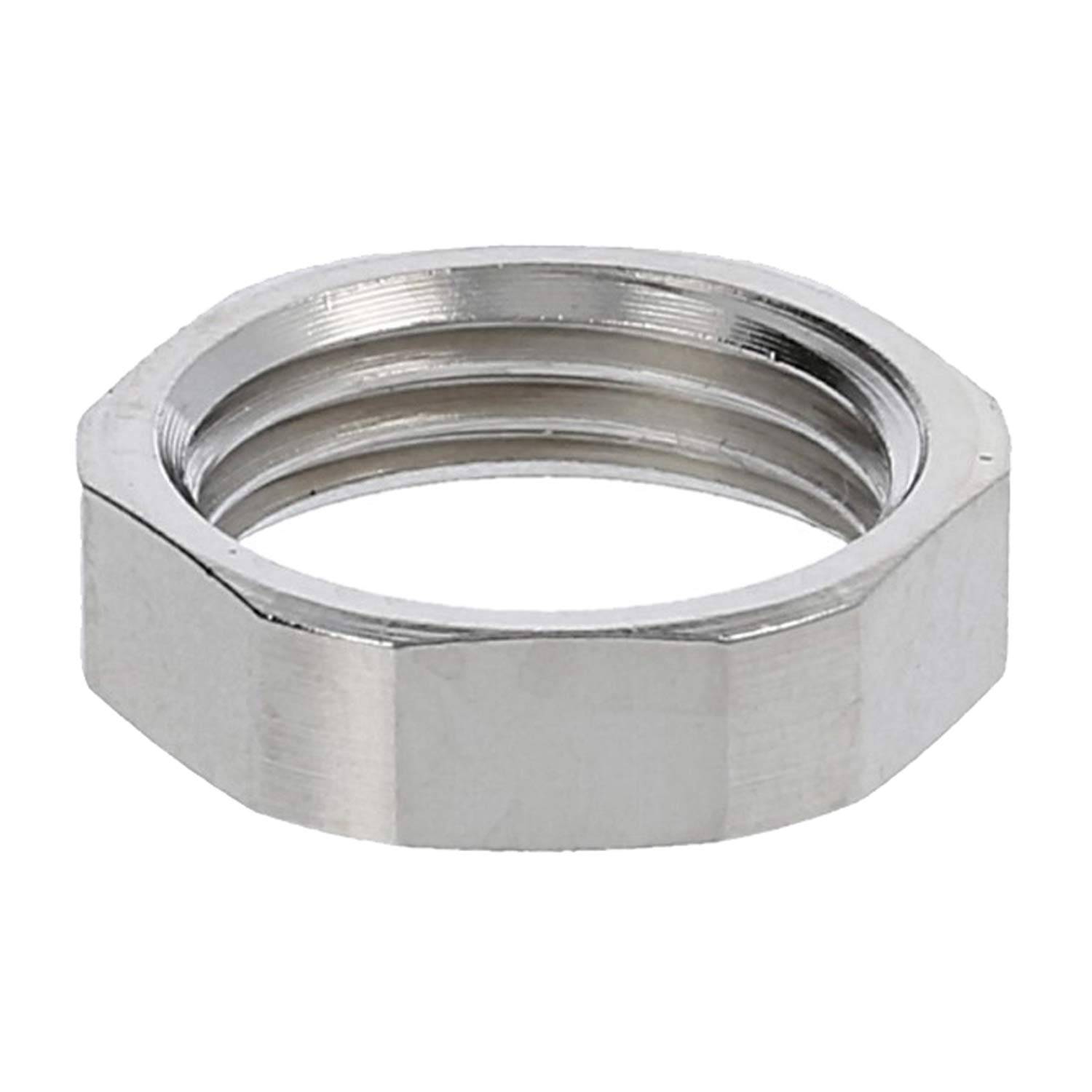 Sechskant-Metallmutter mit Innengewinde, verwendet zur Befestigung von mechanischen oder strukturellen Komponenten. Die Mutter hat eine glänzende, silberne Oberfläche.