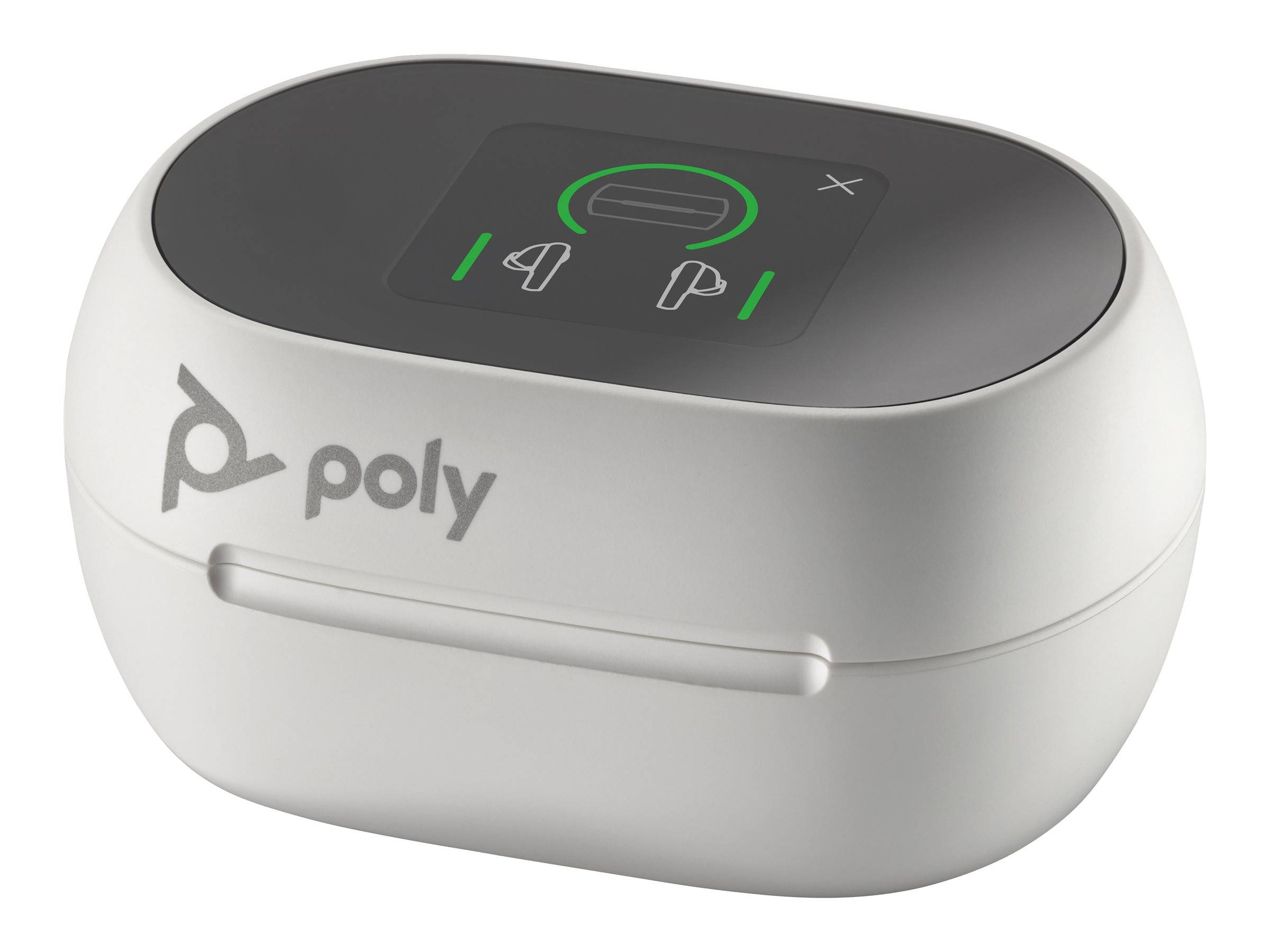Poly-Wireless-Ohrhörer mit Ladehülle, Deckel geschlossen, und Statusleuchten auf der oberen Anzeige.