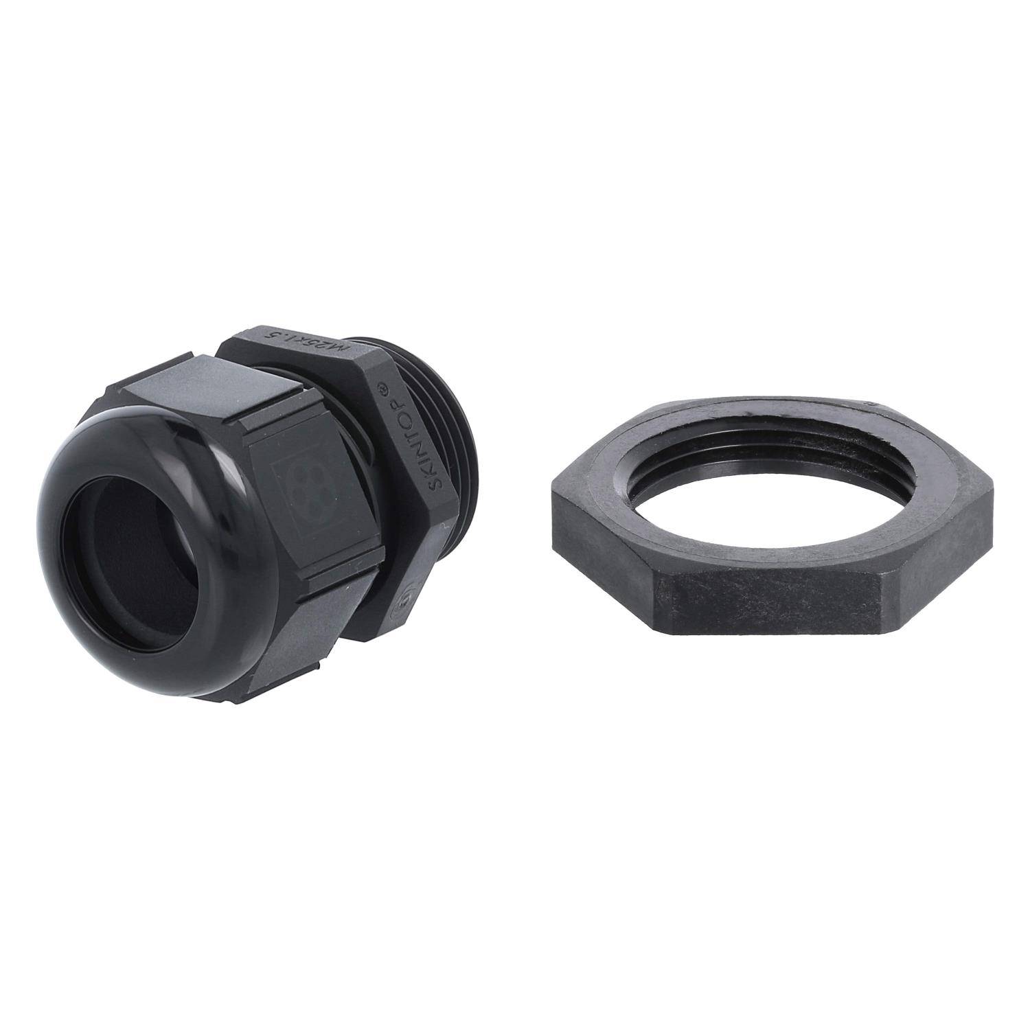 Eine schwarze Kabelverschraubung mit einem sechseckigen Sicherungsmutter, verwendet zum Sichern und Abdichten von Kabeln, die auf einem weißen Hintergrund platziert ist.