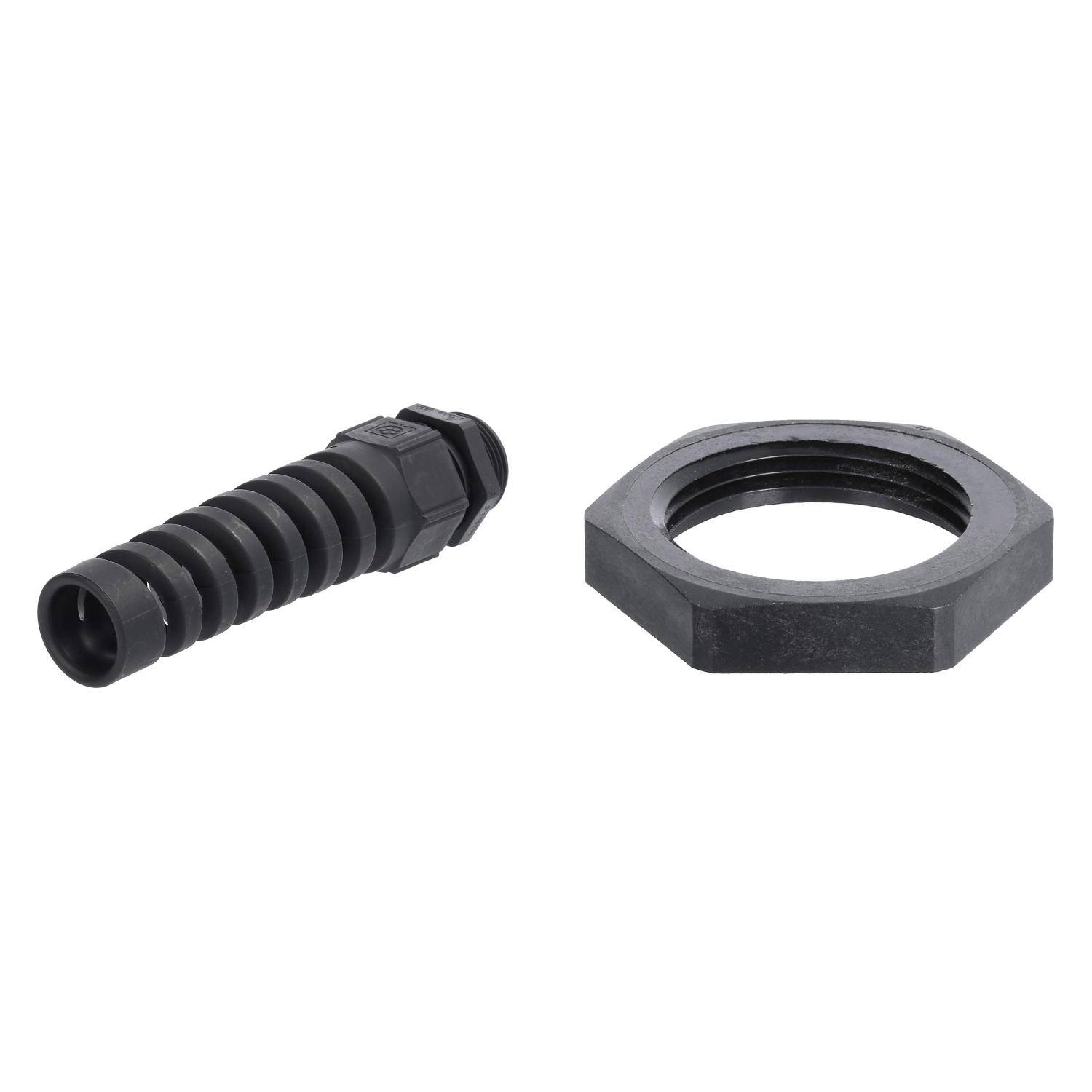 Zwei schwarze Kunststoffrohrverbinder: ein gerillter Gewindetülle links und eine sechseckige Mutter rechts, beide auf weißem Hintergrund.