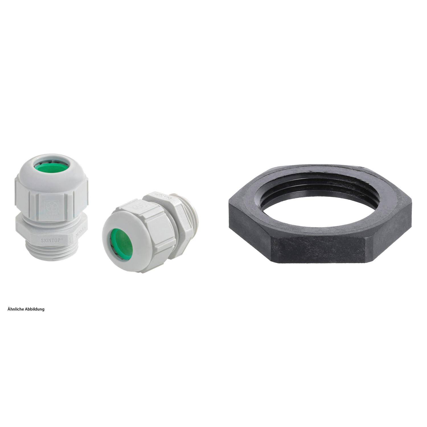 Kabelverschraubungen in verschiedenen Größen neben einer Sechskantmutter, verwendet zum Sichern und Abdichten von Kabeln.