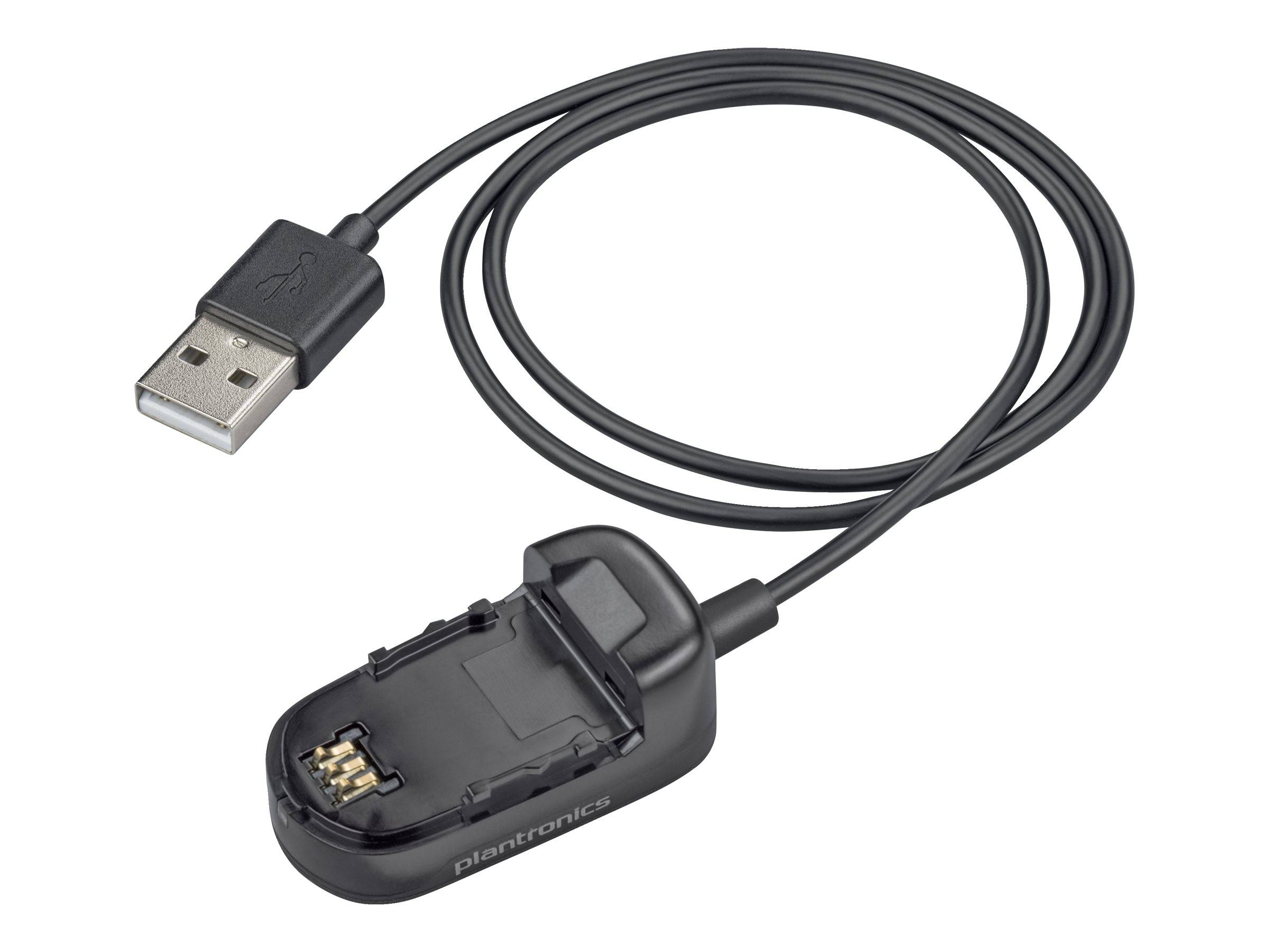 USB-Kabel angeschlossen an einer Plantronics-Headset-Ladestation/Wiege auf weißem Hintergrund.