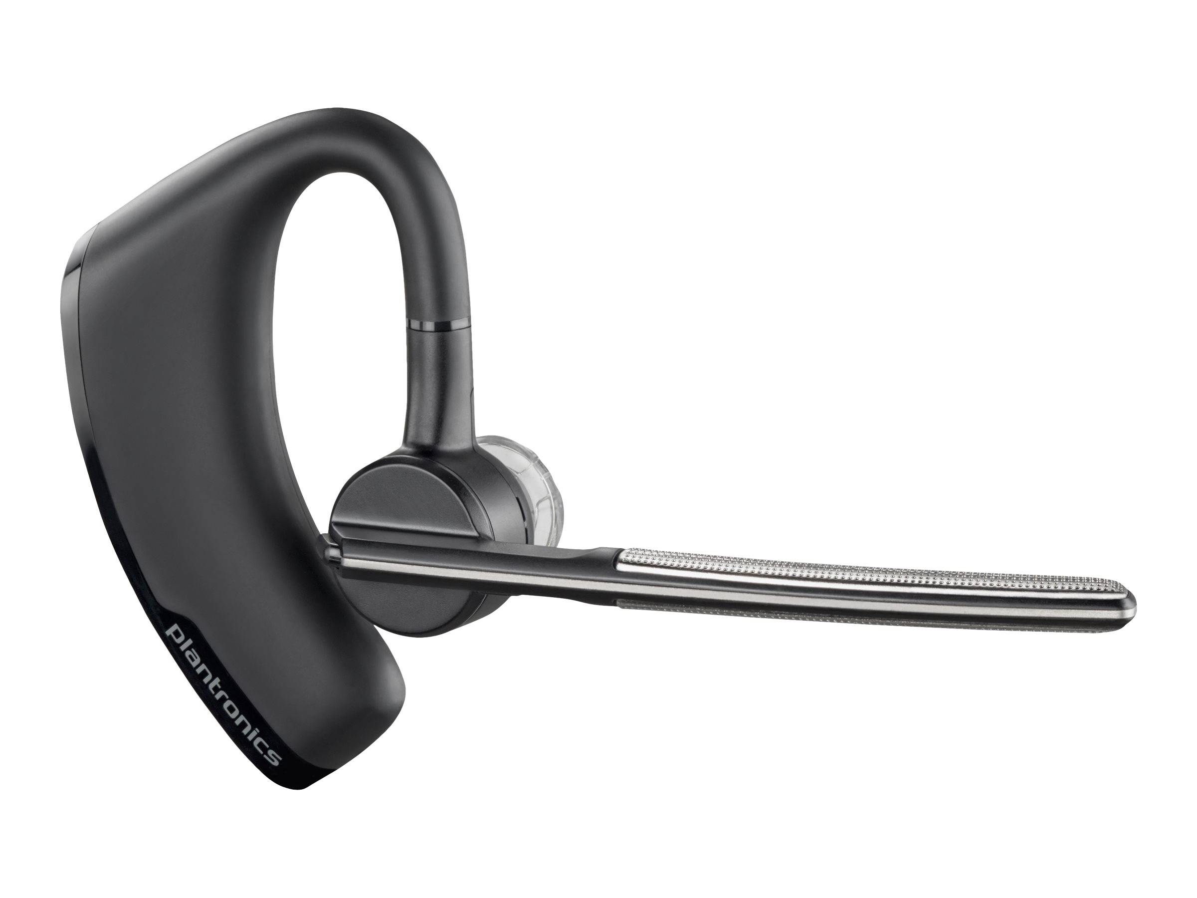 Ein schlankes schwarzes Bluetooth-Headset mit Richtmikrofon, entwickelt für drahtlose Kommunikation und freihändige Nutzung.