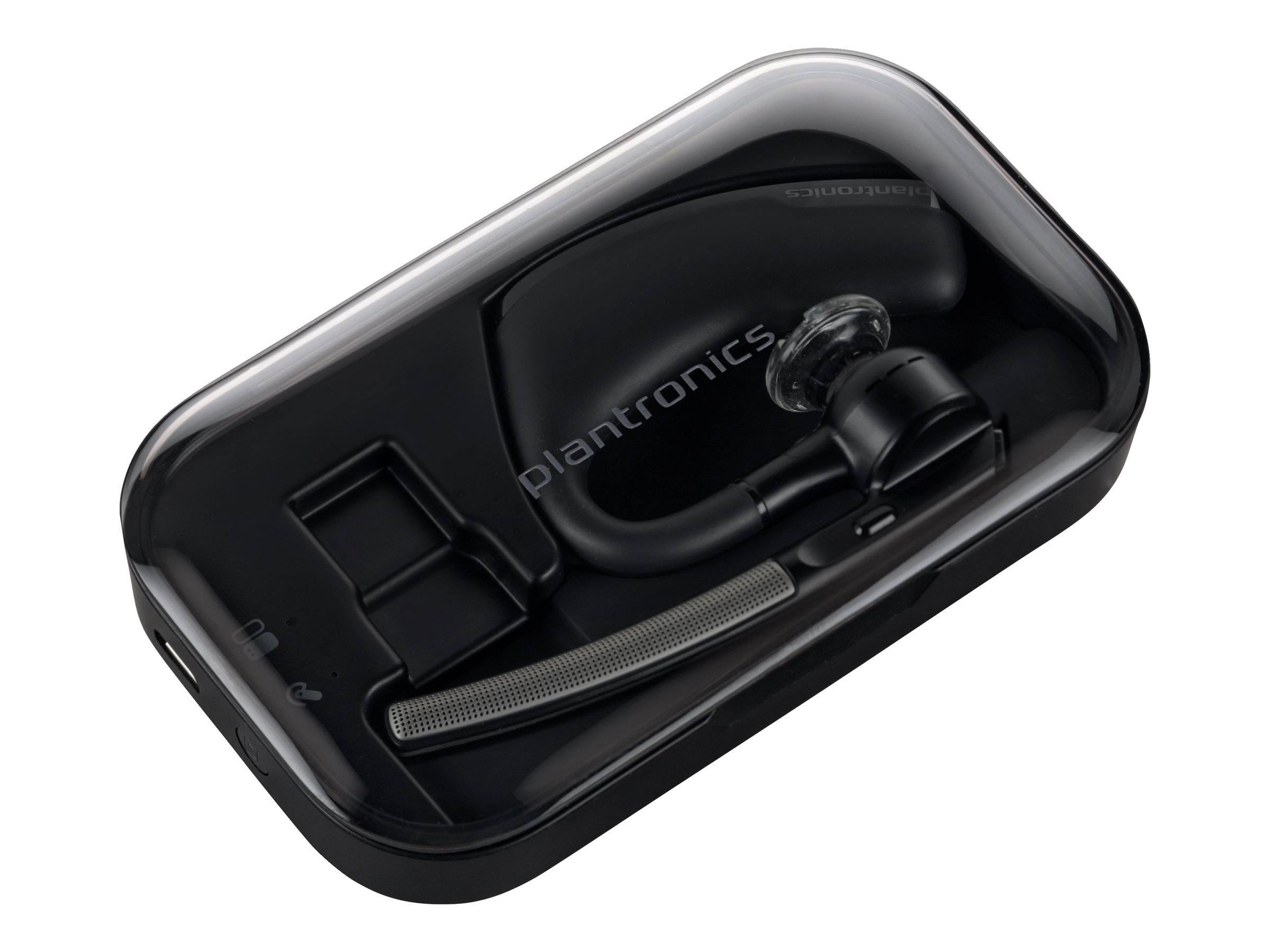 Eine schwarze Plantronics Bluetooth-Freisprechanlage, die in einem rechteckigen schwarzen Etui aufbewahrt wird und damit ihr elegantes Design und kompaktes Verpackungskonzept präsentiert.