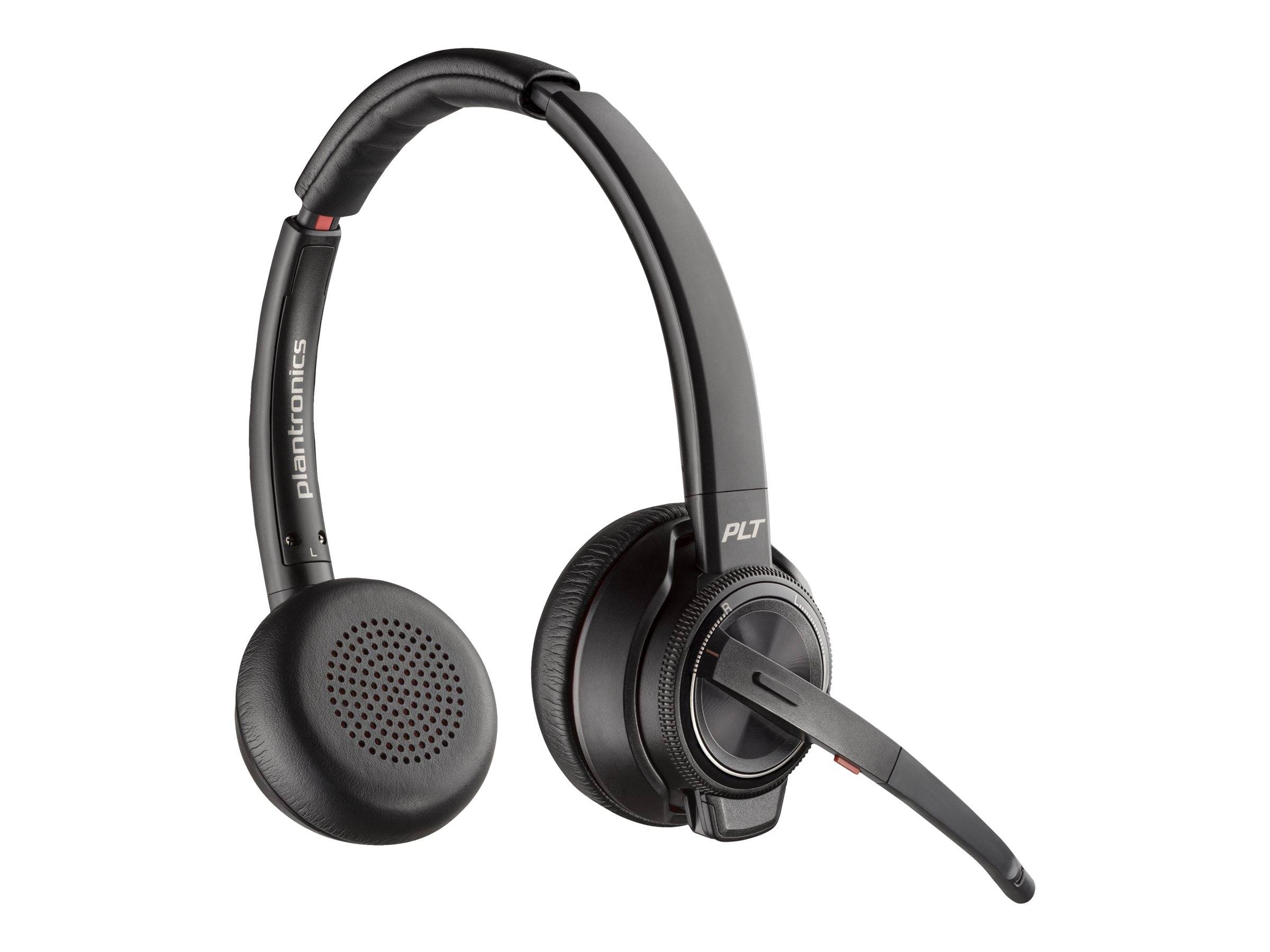 Schwarzes Over-Ear-Plantronics-Headset mit Boom-Mikrofon auf weißem Hintergrund.