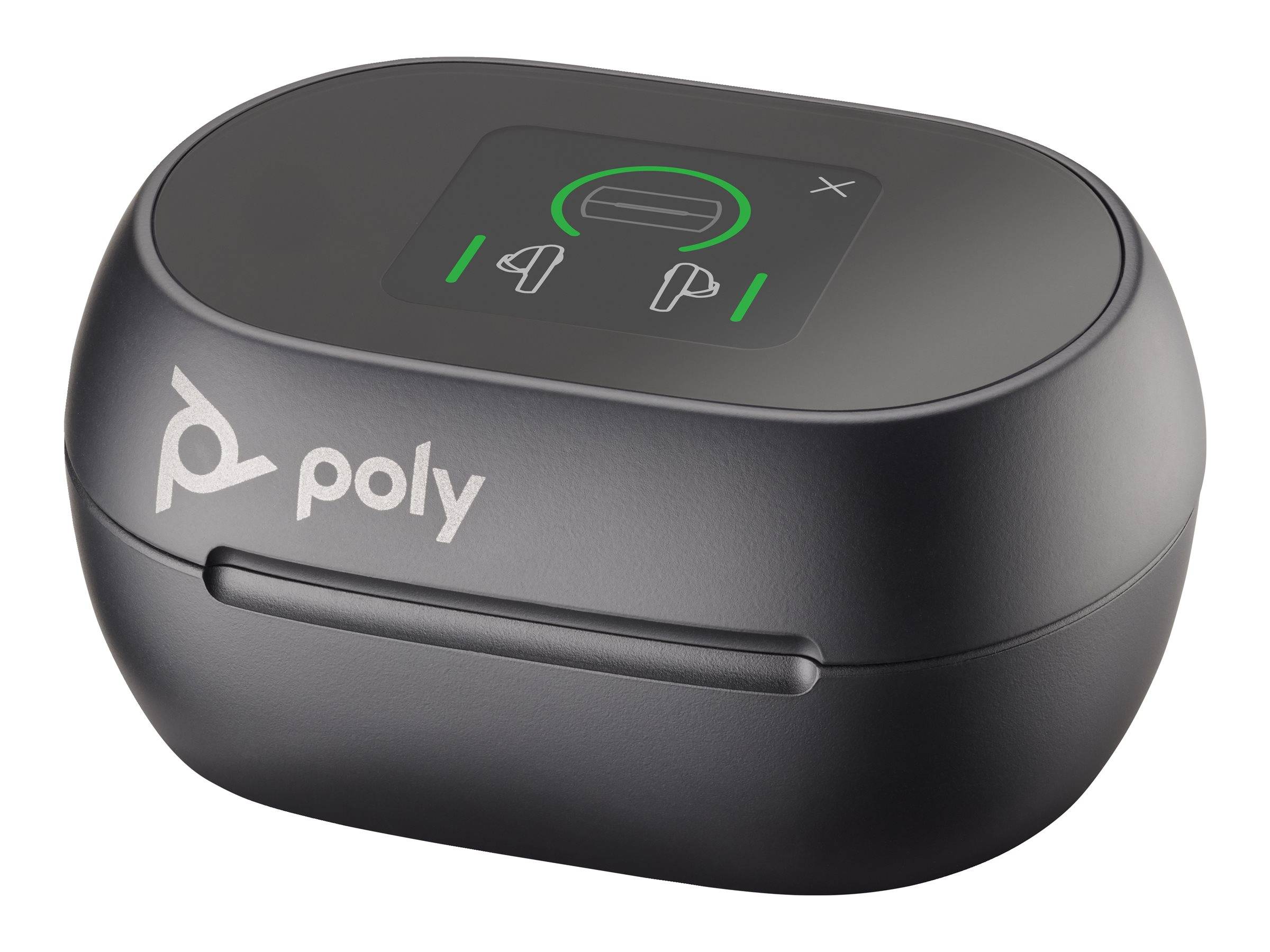 Eine schwarze Poly-Ohrhörer-Ladehülle mit einem digitalen Display, das die Akkulebensdauer jedes Ohrhörers und den Ladestatus darüber anzeigt.