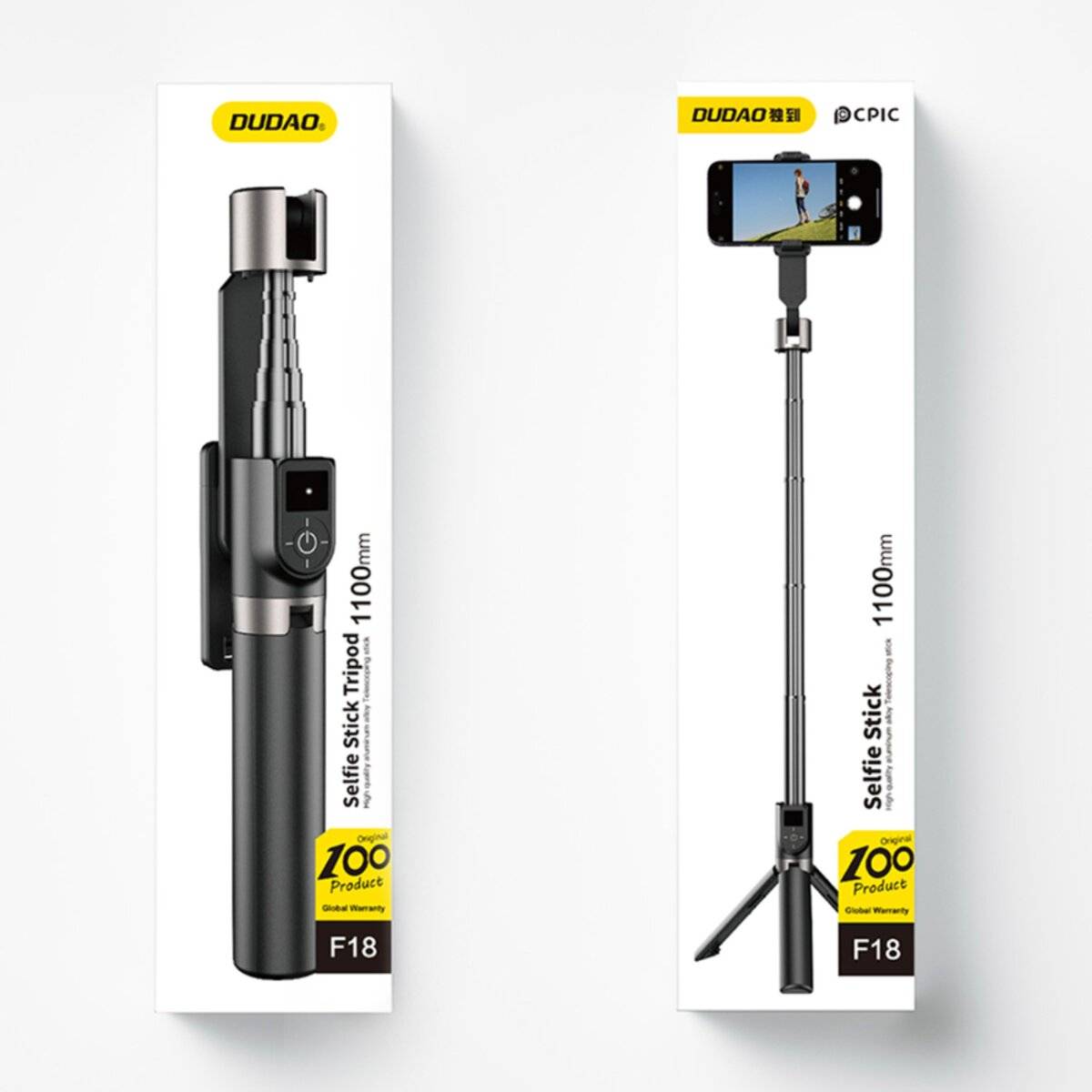 DUDAO-Marken-Selfiestick-Stativ mit Fernbedienung, ausziehbar bis 1100 mm. Produktbild zeigt ihn zusammengeklappt und ausgefahren mit einem Smartphone.