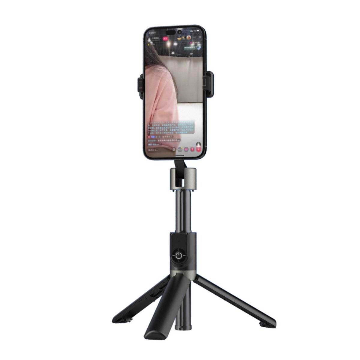 Ein Smartphone, das auf einem Stativ montiert ist, zeigt einen Livestream. Das Stativ verfügt über verstellbare Beine und eine Zentralsäule zur Höheneinstellung.