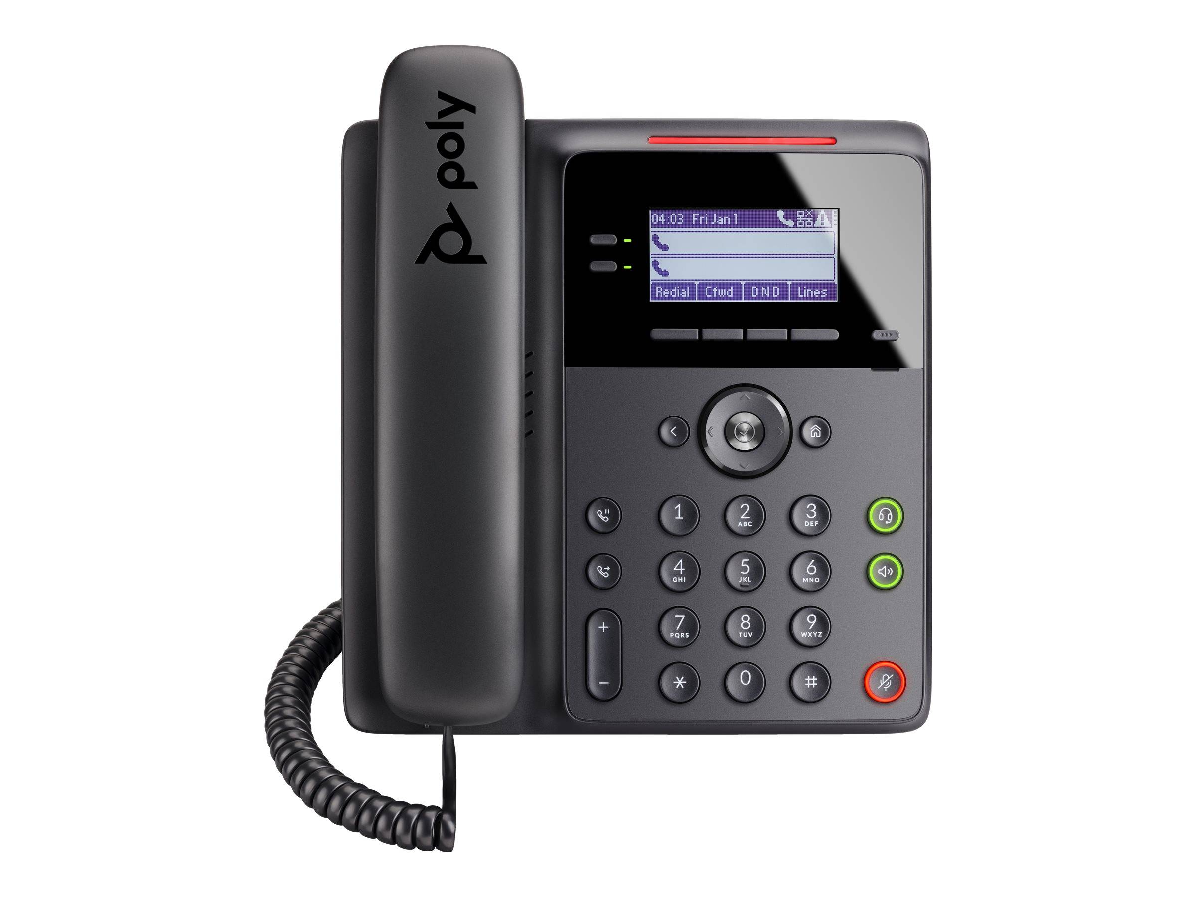 Poly-Bürotischtelefon mit Hörer, Tastatur, kleinem Display und beleuchteten Anruftasten.