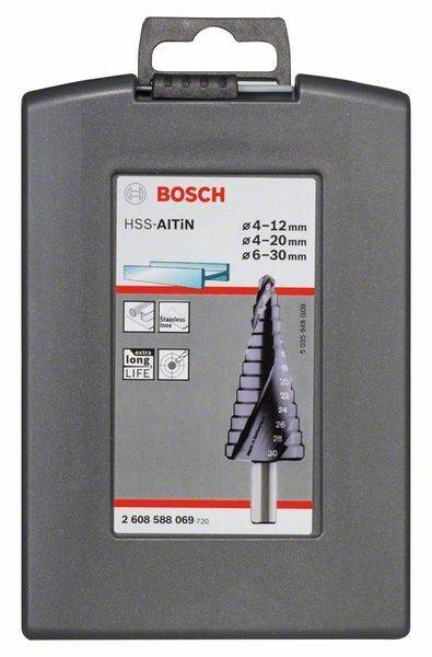 Bosch HSS-AlTiN Stufenbohrer-Verpackung mit Größen 4-12mm, 4-20mm und 6-30mm, mit den Merkmalen ‚extra lange Lebensdauer' und ‚rostfreier Stahl'.