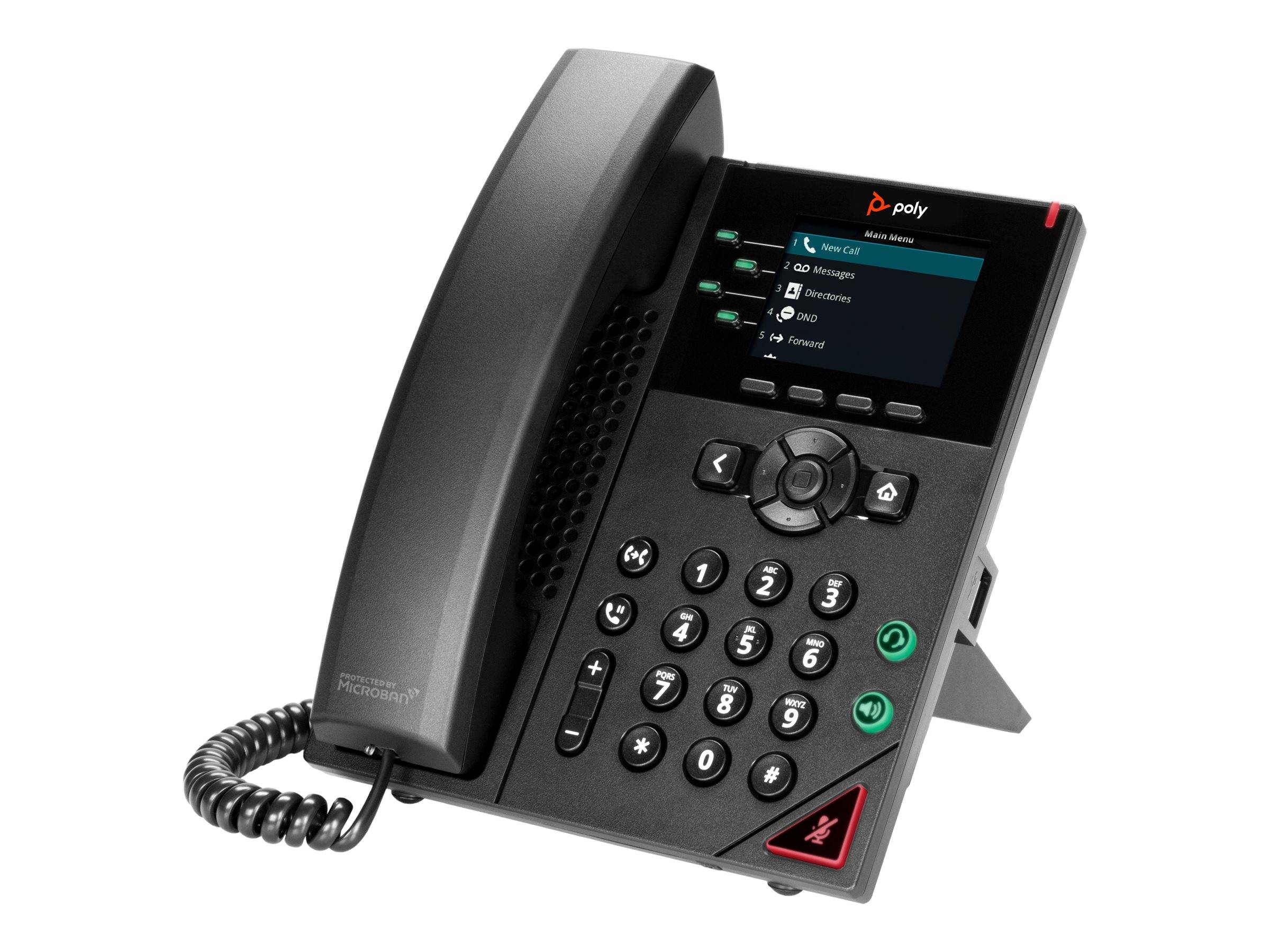 Schwarzes Poly-Bürotischtelefon mit Hörer, Tastatur, Display und Spiralkabel auf einem Ständer.