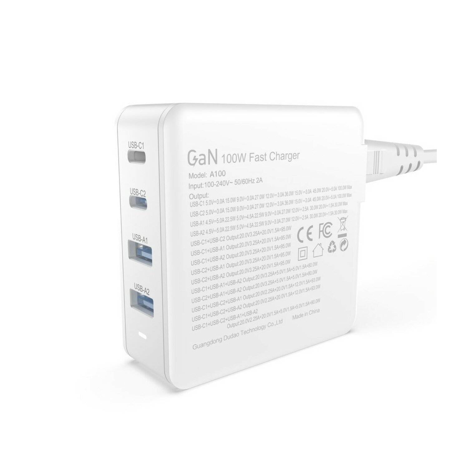 GaN 100W Schnellladegerät 2 x USB-C / 2 x USB Dudao A100EU – weiß