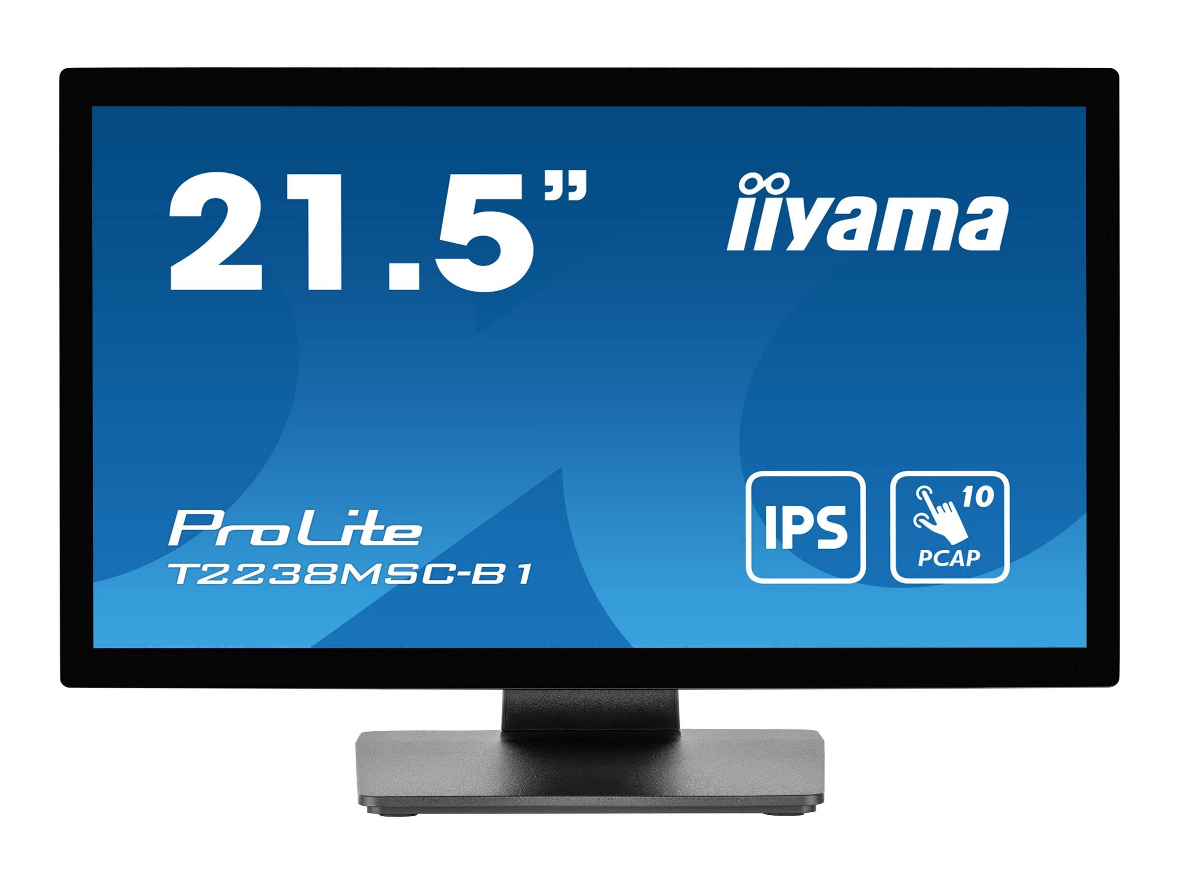 Produktbild eines iiyama 21,5-Zoll ProLite T2238MSC-B1 Touchscreen-Monitors mit IPS- und PCAP-Funktionen, dargestellt auf einem Ständer.