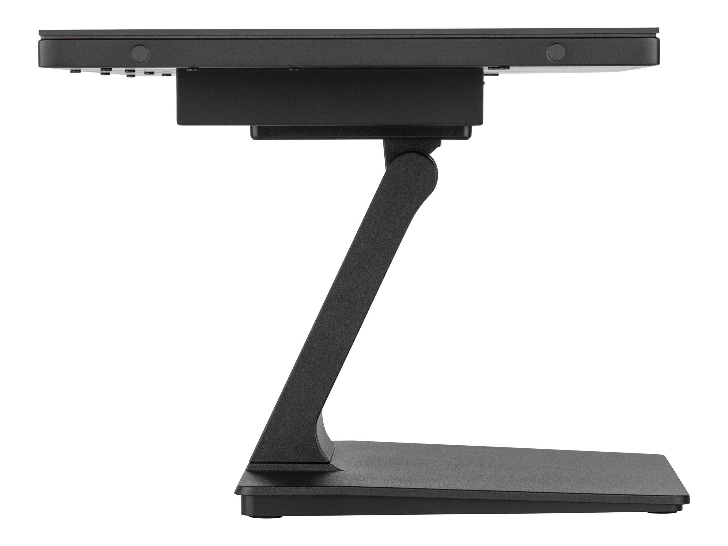 Seitenansicht eines schwarzen verstellbaren Tablet- oder Monitorständers mit flacher Basis und abgewinkeltem Stützarm auf weißem Hintergrund.