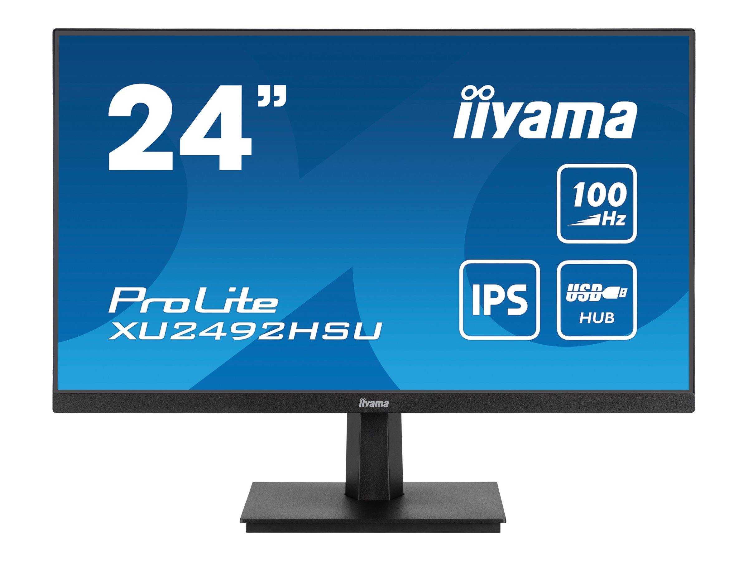 Produktbild eines Iiyama 24-Zoll-ProLite-XU2492HSU-Monitors mit 100-Hz-, IPS- und USB-Hub-Funktionen.