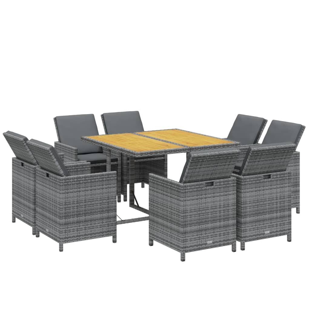 vidaXL 9-tlg. Garten-Essgruppe mit Kissen Poly Rattan Grau