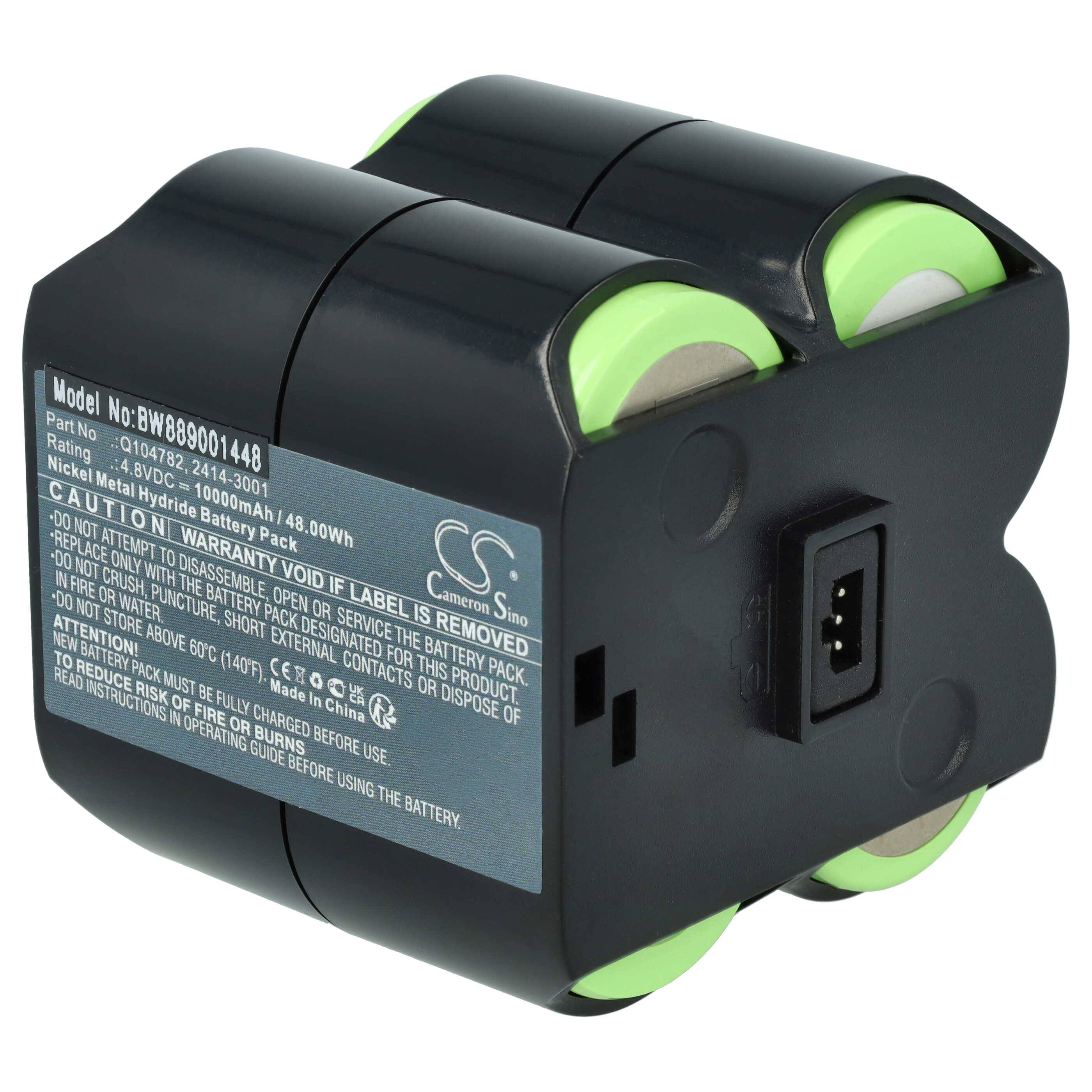 Ein kompaktes schwarzes Batteriepaket mit sichtbaren grünen Enden, das ein Etikett mit Modellnummer, Spannung, Kapazität und Sicherheitswarnungen aufweist.